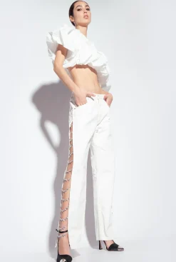 Jeans|PINKO Pantalon Avec Chaines En Strass Galleria Blanc Casse