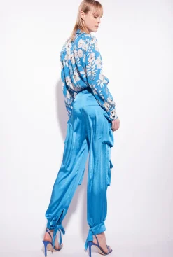 Tailleurs Et Ensembles|PINKO Pantalon Cargo En Satin Bleu Directoire