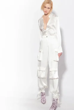 Tailleurs Et Ensembles|PINKO Pantalon Cargo En Satin Blanc-Blanche-Neige