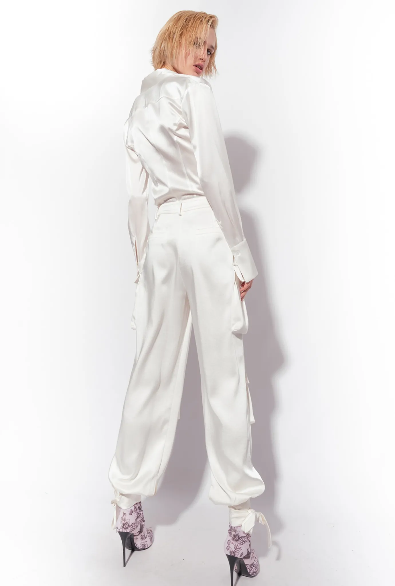Tailleurs Et Ensembles|PINKO Pantalon Cargo En Satin Blanc-Blanche-Neige