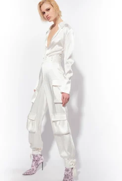Tailleurs Et Ensembles|PINKO Pantalon Cargo En Satin Blanc-Blanche-Neige