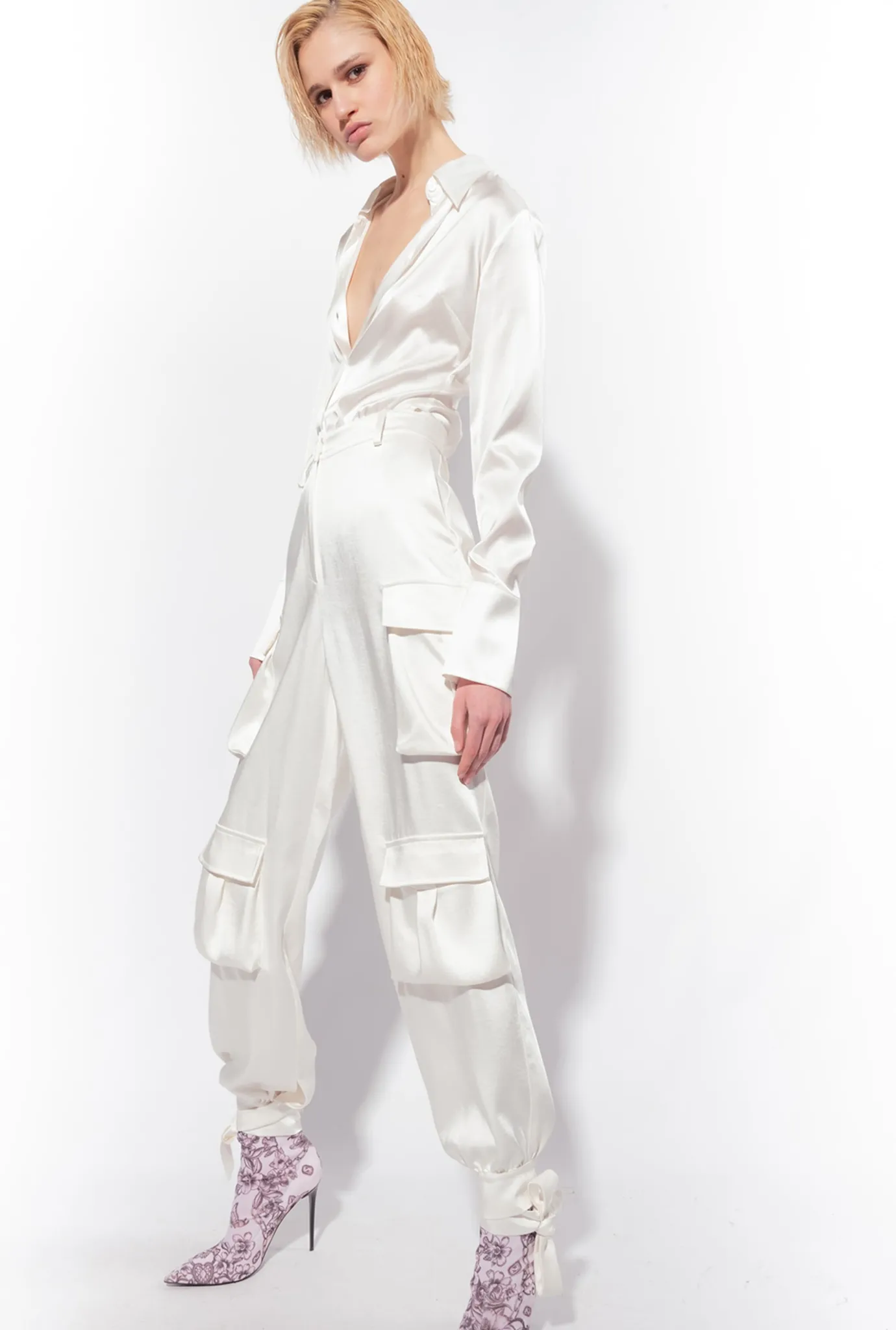 Tailleurs Et Ensembles|PINKO Pantalon Cargo En Satin Blanc-Blanche-Neige
