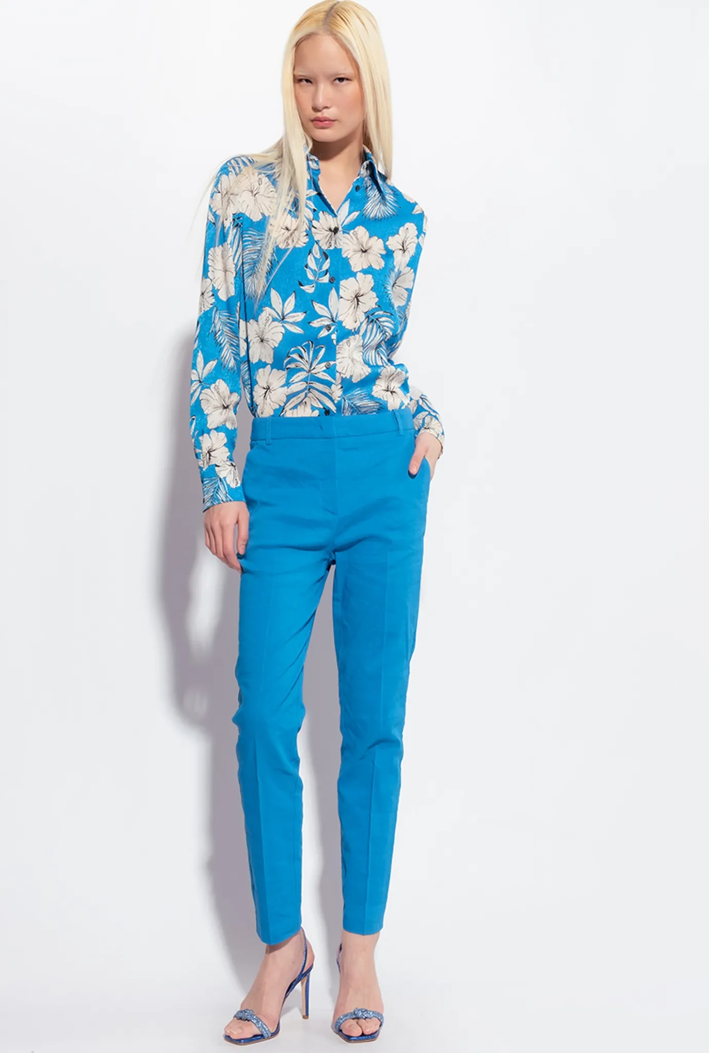 Tailleurs Et Ensembles|PINKO Pantalon Cigarette En Lin Stretch Bleu Directoire