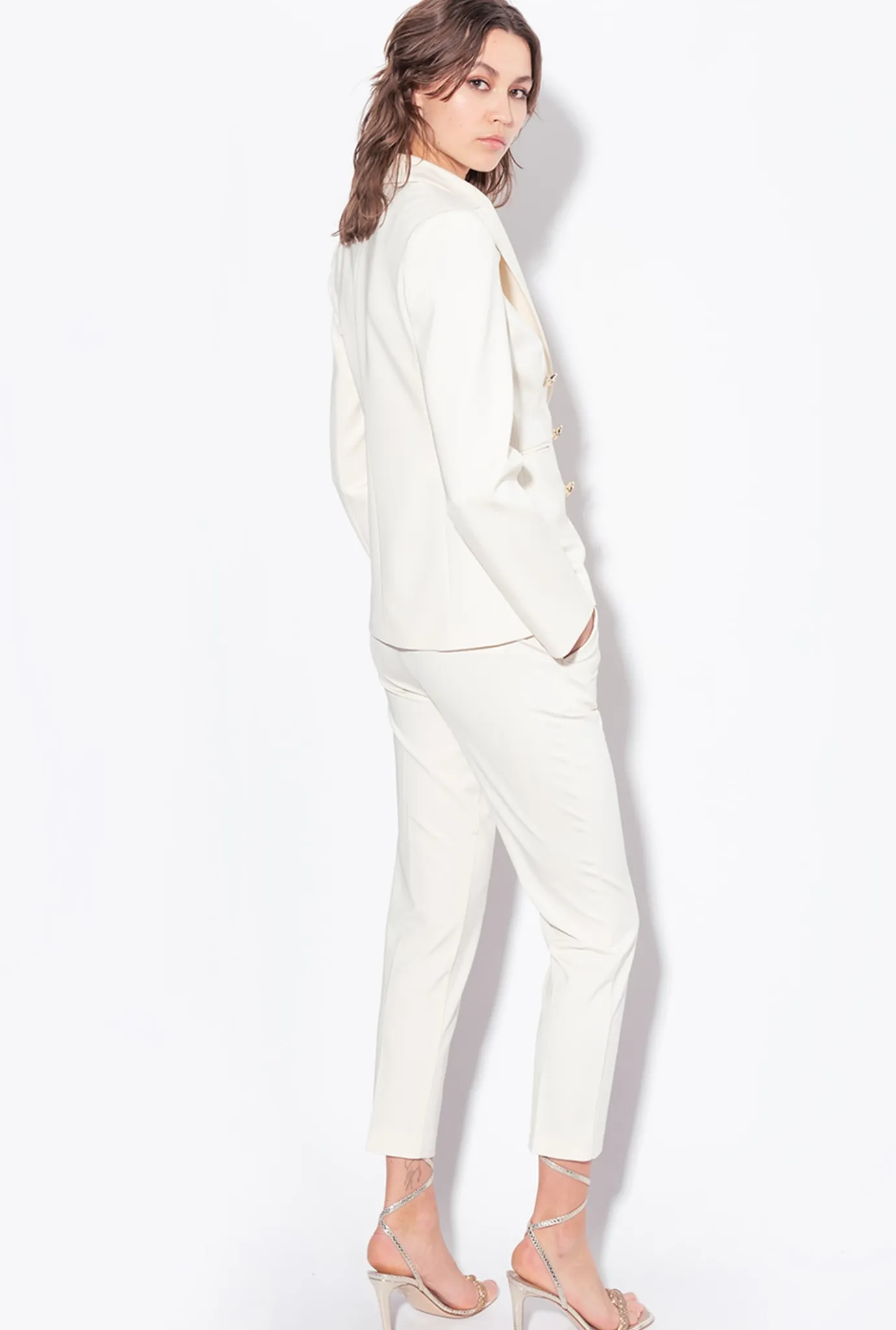 Tailleurs Et Ensembles|PINKO Pantalon Cigarette En Maille Roma Rose Fume Blanc