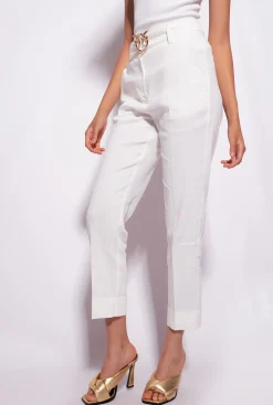Tailleurs Et Ensembles|PINKO Pantalon En Lin Avec Ceinture Love Birds Blanc Nimbus
