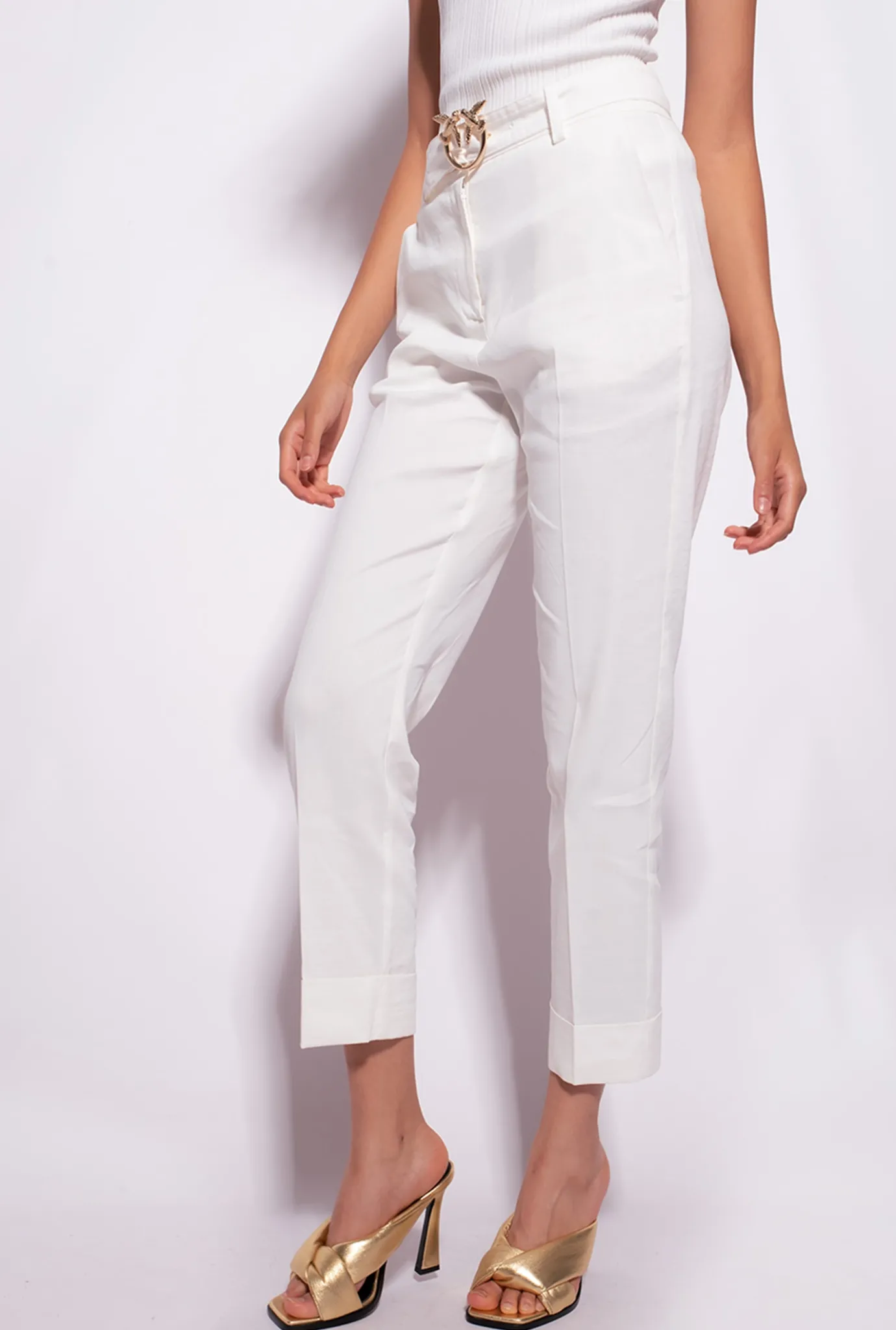 Tailleurs Et Ensembles|PINKO Pantalon En Lin Avec Ceinture Love Birds Blanc Nimbus