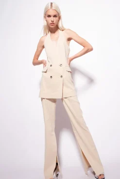Tailleurs Et Ensembles|PINKO Pantalon Fendu En Bas Beige Amande Glacee