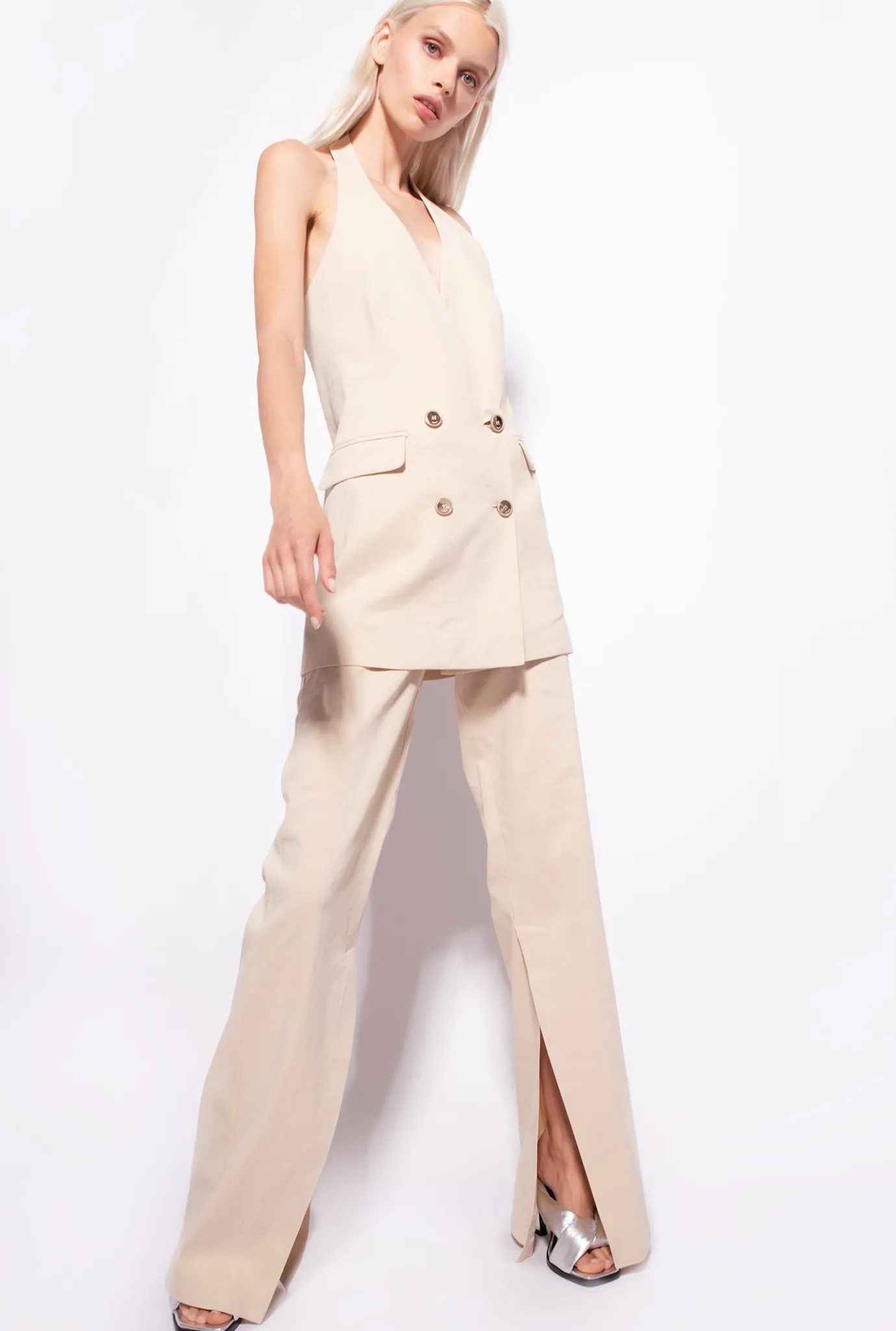 Tailleurs Et Ensembles|PINKO Pantalon Fendu En Bas Beige Amande Glacee