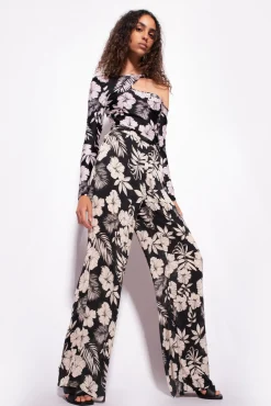 Tailleurs Et Ensembles|PINKO Pantalon Wide Leg Fleur Graphique Noir/Beurre
