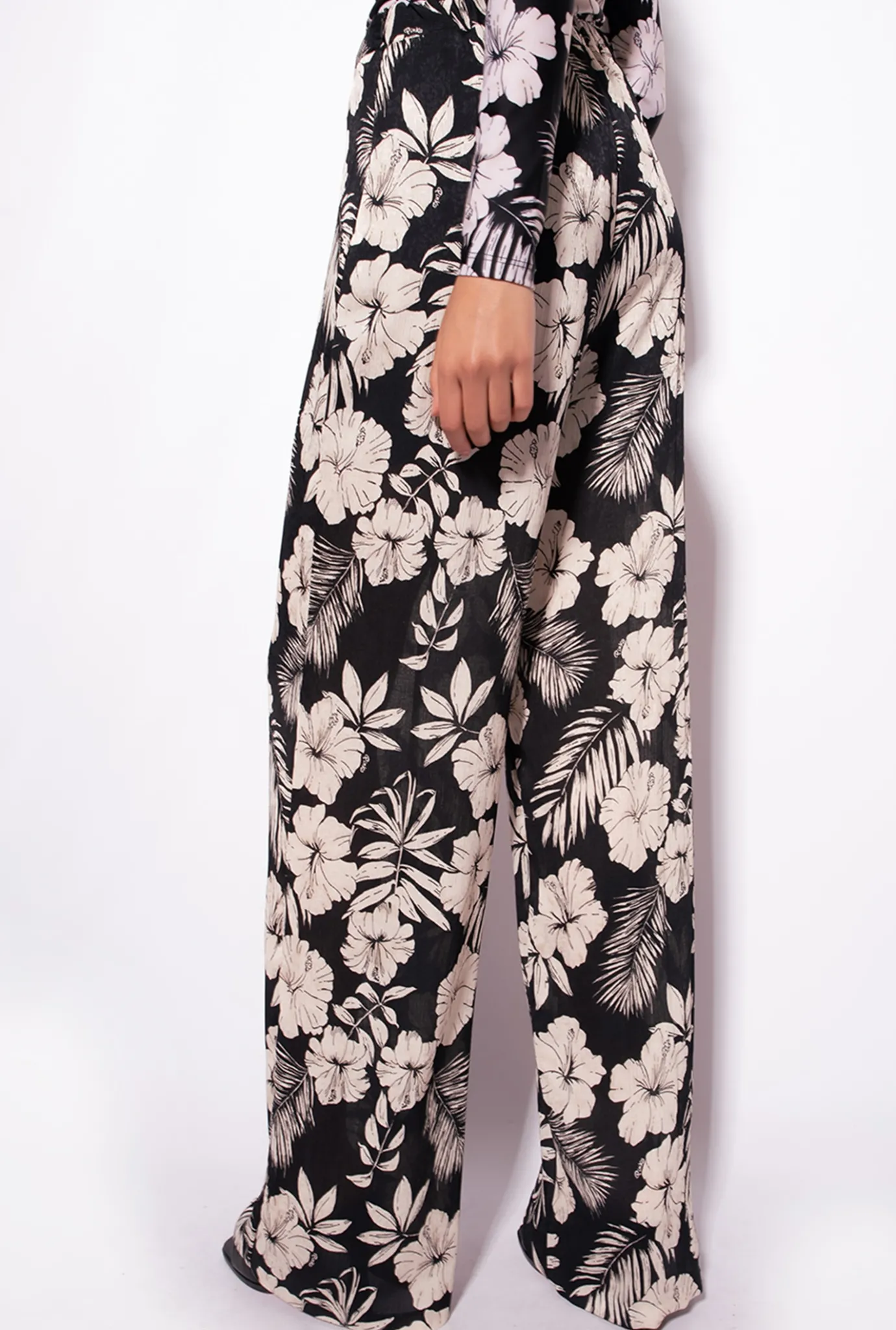 Tailleurs Et Ensembles|PINKO Pantalon Wide Leg Fleur Graphique Noir/Beurre