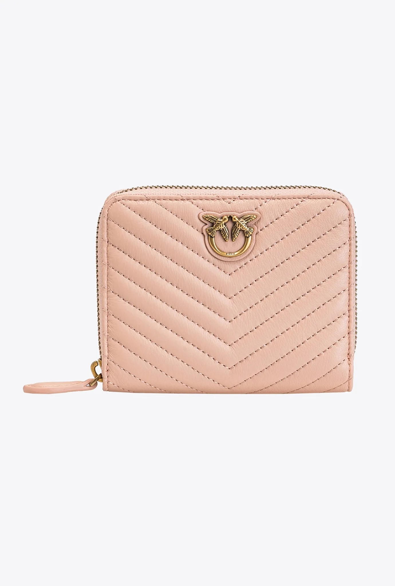 Maroquinerie|PINKO Petit Portefeuille A Contour Zippe En Cuir Nappa A Chevrons Rose/Rose Poudre-Or Antique