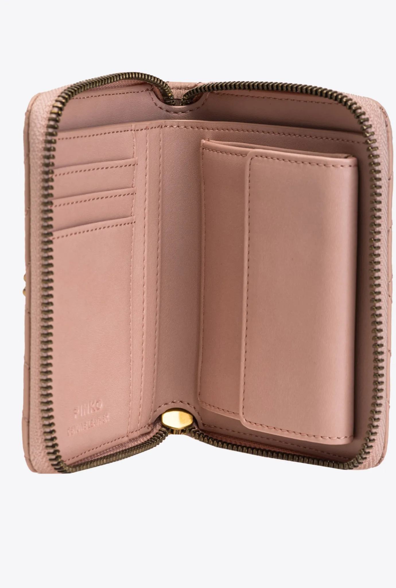 Maroquinerie|PINKO Petit Portefeuille A Contour Zippe En Cuir Nappa A Chevrons Rose/Rose Poudre-Or Antique