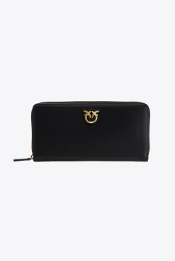 Maroquinerie|PINKO Portefeuille A Contour Zippe En Cuir Noir-Vieil Or