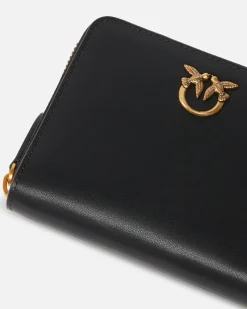 Maroquinerie|PINKO Portefeuille Carre A Contour Zippe En Cuir Noir-Vieil Or