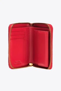 Maroquinerie|PINKO Portefeuille Carre A Contour Zippe En Cuir Nappa Matelasse Rouge Grenat-Or Antique