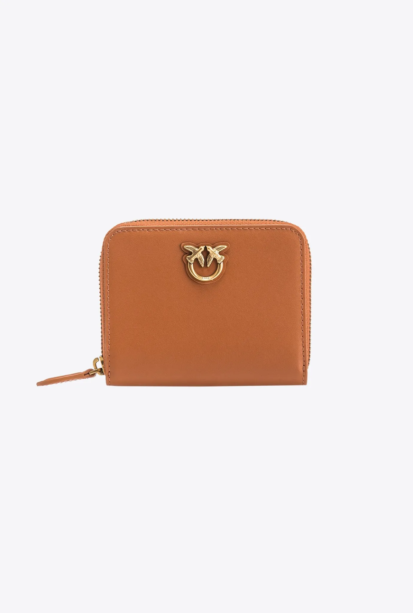 Maroquinerie|PINKO Portefeuille Carre A Contour Zippe En Cuir Cognac-Or Antique