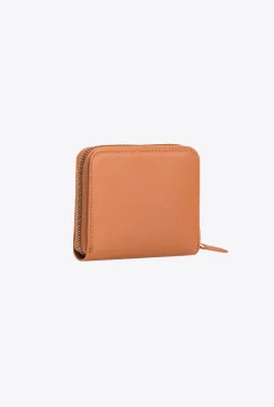 Maroquinerie|PINKO Portefeuille Carre A Contour Zippe En Cuir Cognac-Or Antique