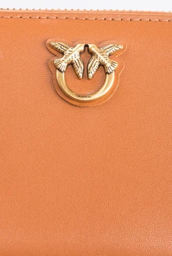 Maroquinerie|PINKO Portefeuille Carre A Contour Zippe En Cuir Cognac-Or Antique