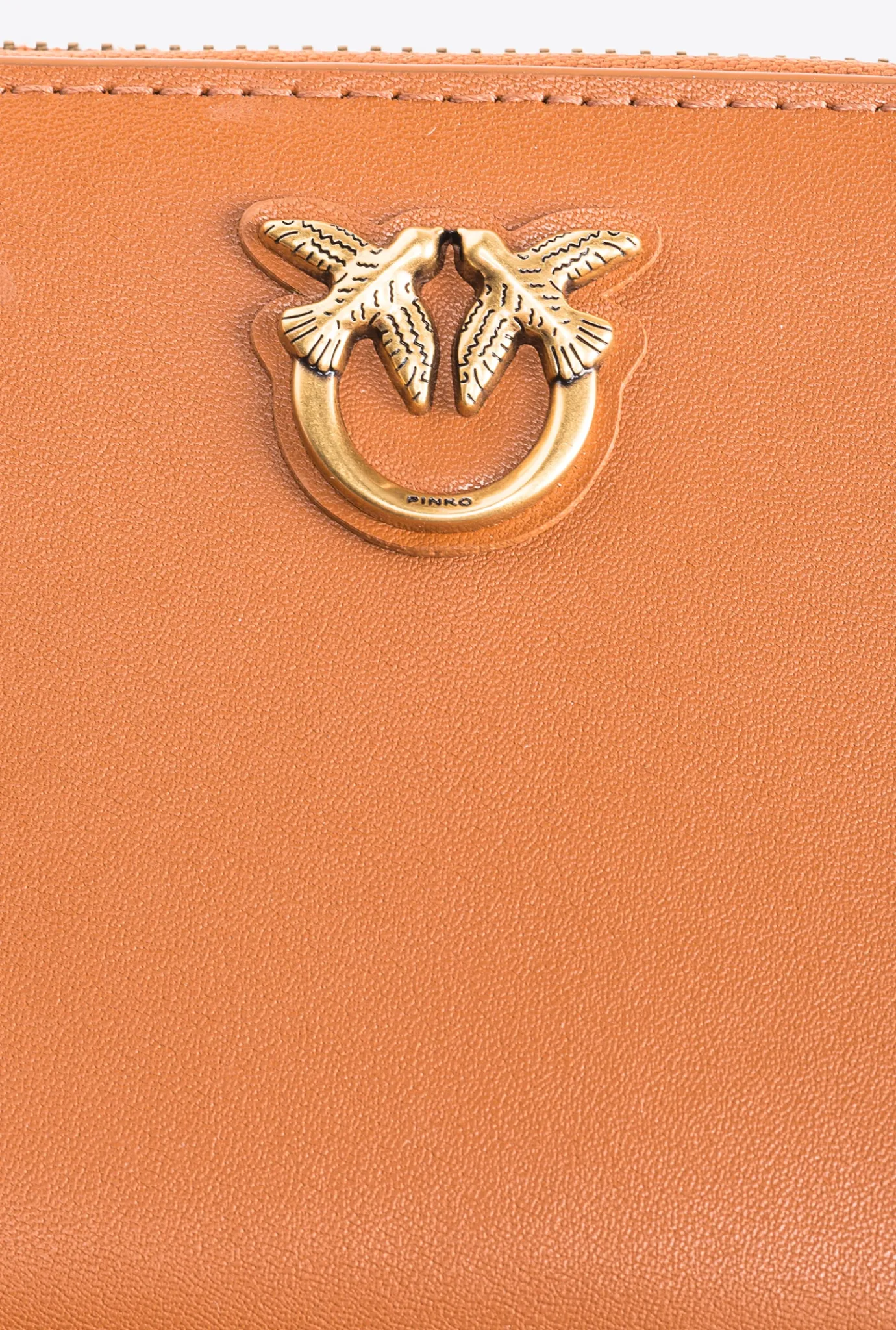 Maroquinerie|PINKO Portefeuille Carre A Contour Zippe En Cuir Cognac-Or Antique