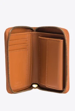Maroquinerie|PINKO Portefeuille Carre A Contour Zippe En Cuir Cognac-Or Antique