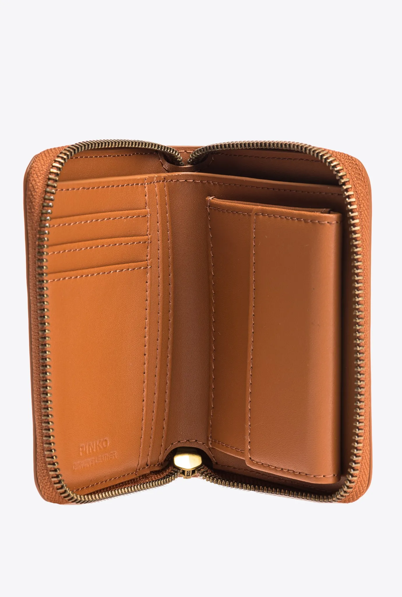 Maroquinerie|PINKO Portefeuille Carre A Contour Zippe En Cuir Cognac-Or Antique