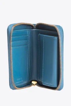 Maroquinerie|PINKO Portefeuille Carre A Contour Zippe En Cuir Sarcelle-Or Antique