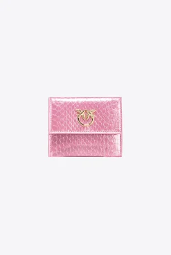 Maroquinerie|PINKO Portefeuille Compact En Reptile Lame Galleria Rose Poudre-Or Brillant