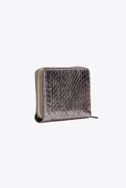 Maroquinerie|PINKO Portefeuille Entierement Zippe En Reptile Lame Galleria Canon De Fusil-Or Brillant