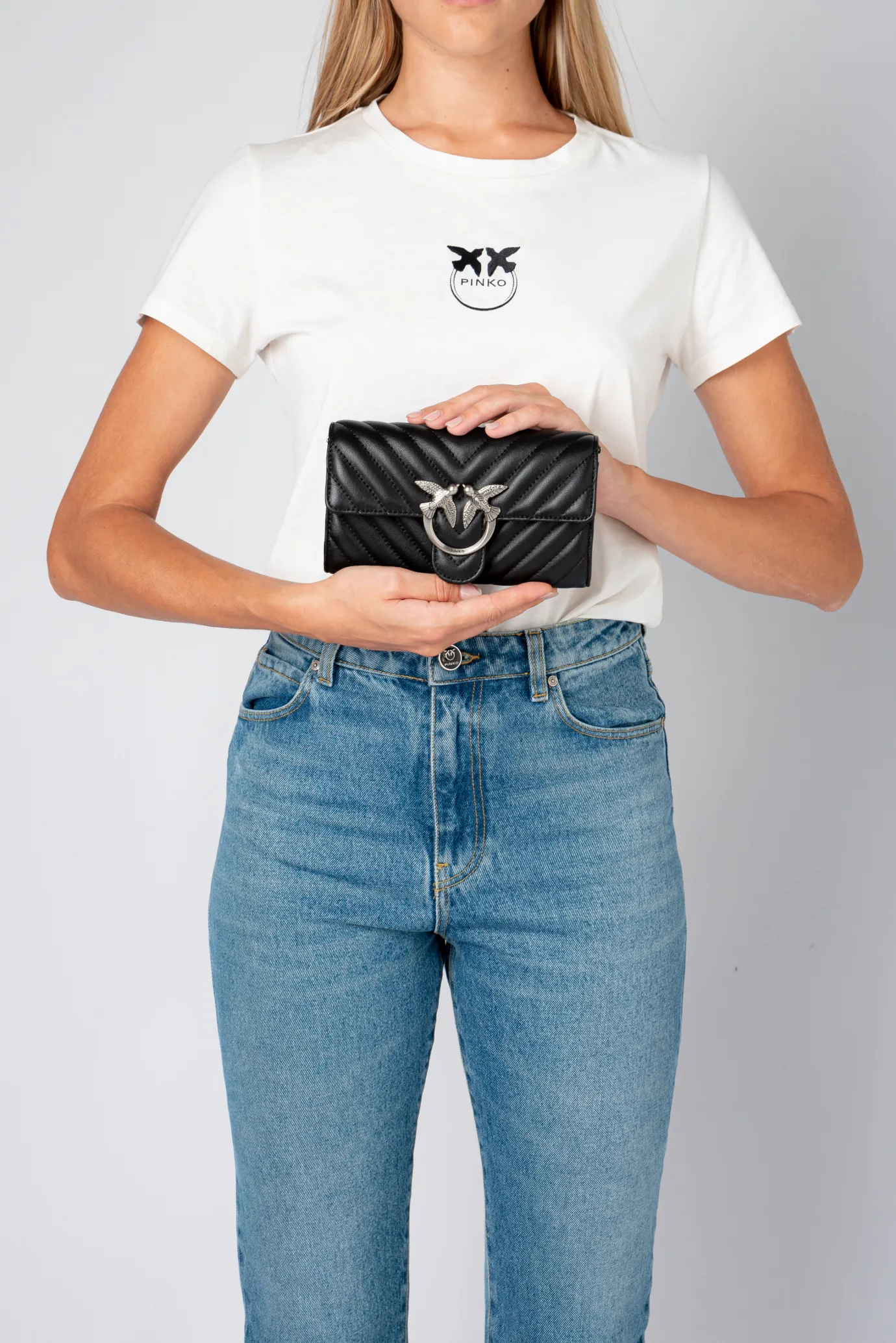 Mini Sacs|PINKO Portefeuille Love Bag Chevron Noir-Vieil Argent