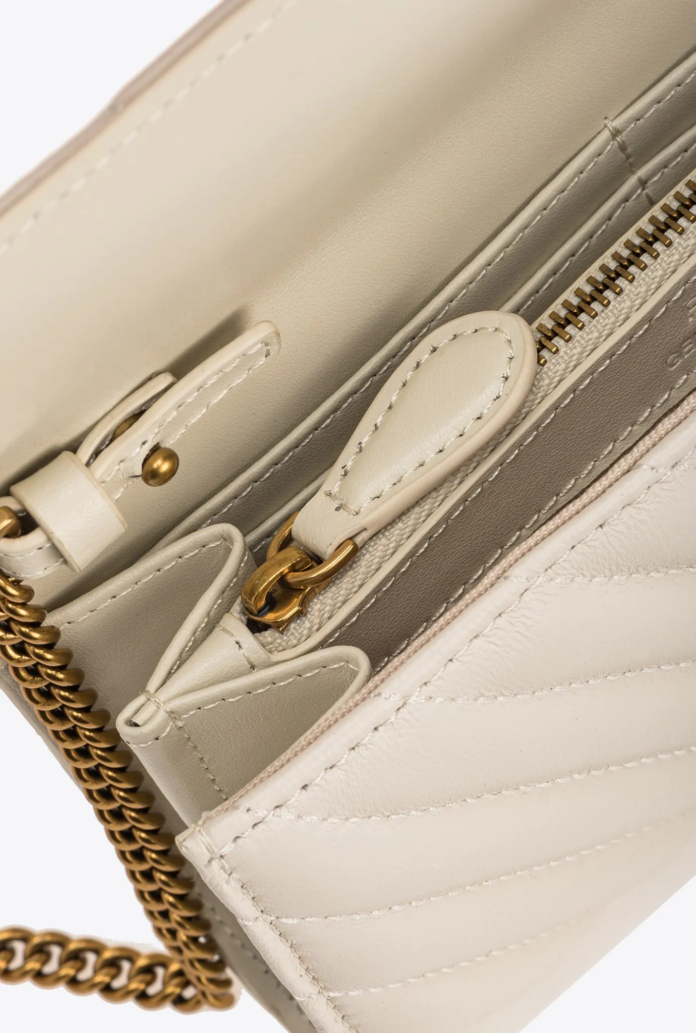 Sacs À Bandoulière|PINKO Portefeuille Love Bag One Wallet Chevron Blanc+Blanc-Or Antique
