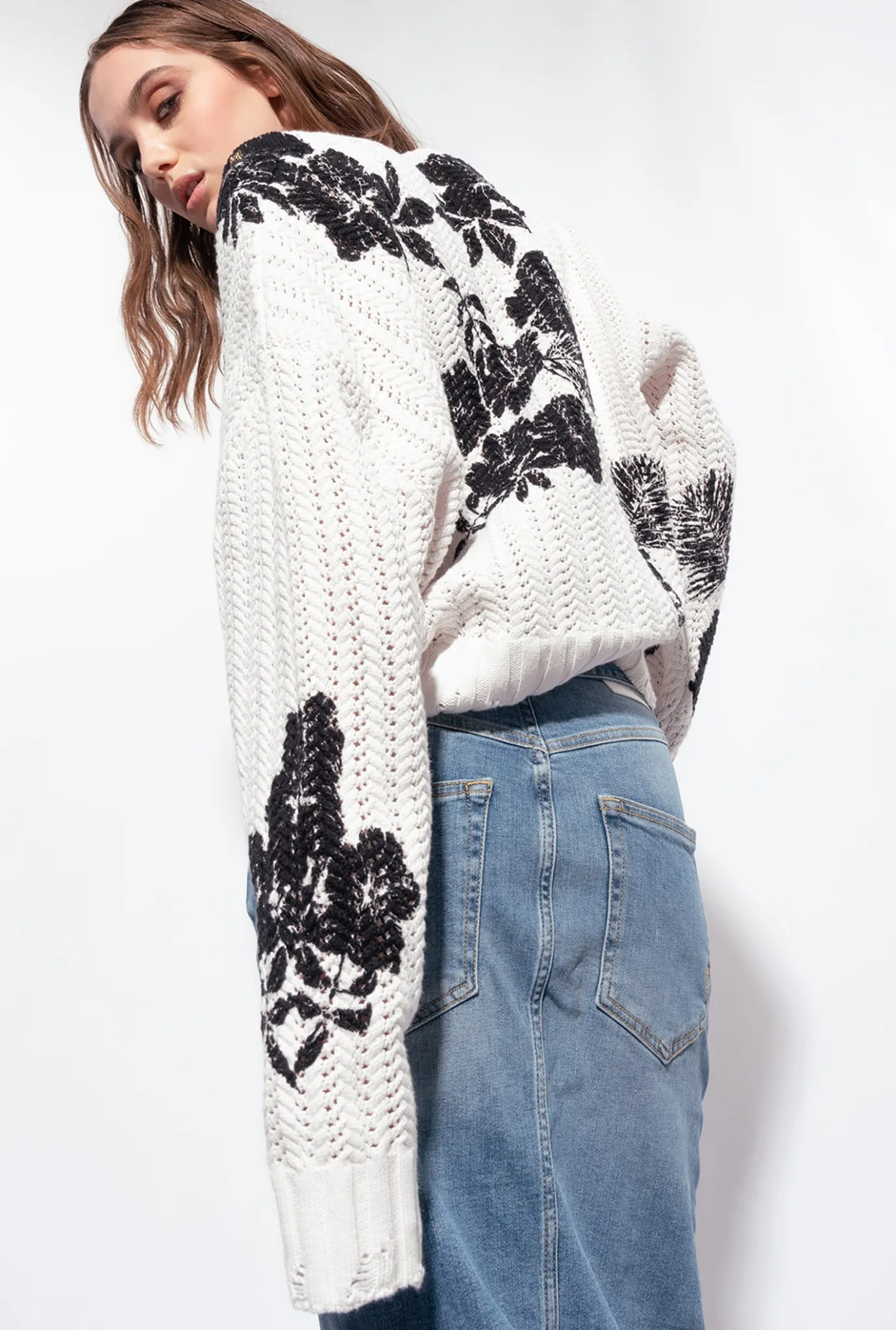 Pièces En Maille|PINKO Pull A Imprime Floral Graphique Blanc/Noir