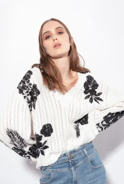 Pièces En Maille|PINKO Pull A Imprime Floral Graphique Blanc/Noir