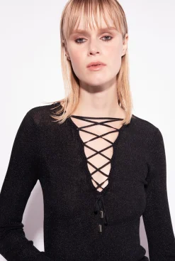 Pièces En Maille|PINKO Pull Col V A Lacets Croises Noir Limousine