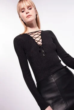 Pièces En Maille|PINKO Pull Col V A Lacets Croises Noir Limousine