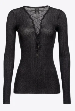 Pièces En Maille|PINKO Pull Col V A Lacets Croises Noir Limousine