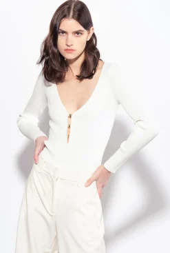 Pièces En Maille|PINKO Pull Cotele A Manches Longues Blanc Soie