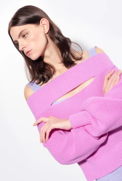 Pièces En Maille|PINKO Pull En Cotes Anglaises A Epaules Denudees Opera Mauve