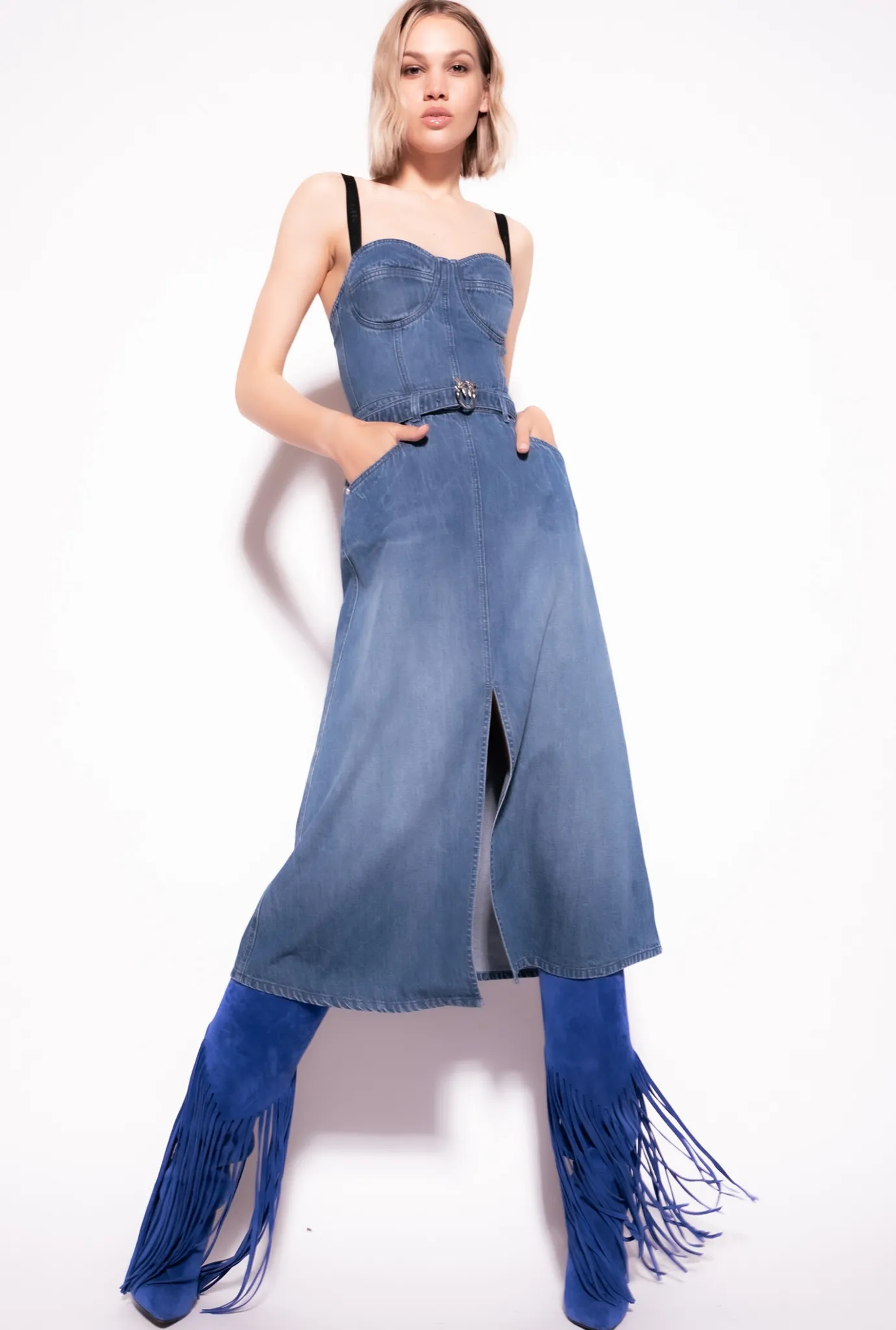 Robes|PINKO Robe Bustier En Denim Delavage Moyen Fonce