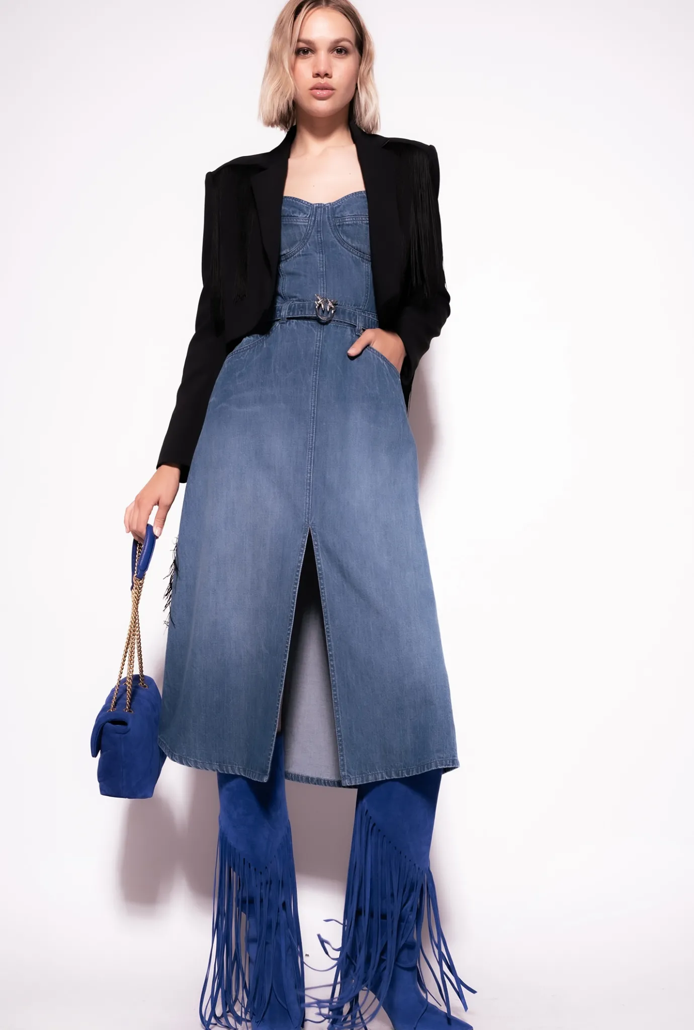 Robes|PINKO Robe Bustier En Denim Delavage Moyen Fonce