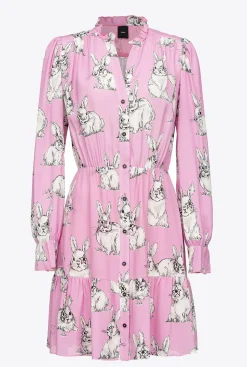 Robes|PINKO Robe Chemise A Imprime Lapins Rose/Gris/Blanc