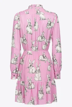 Robes|PINKO Robe Chemise A Imprime Lapins Rose/Gris/Blanc