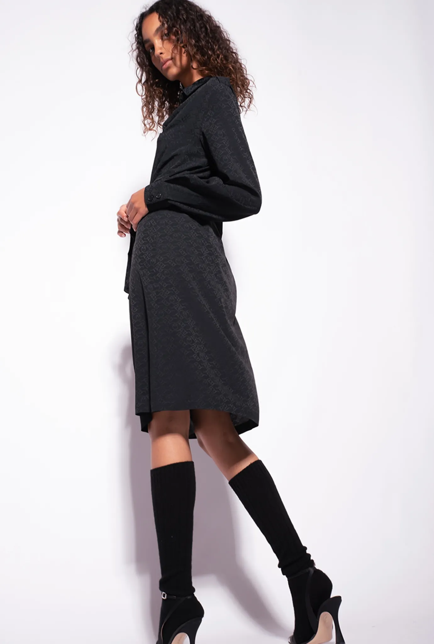 Robes|PINKO Robe Chemise En Jacquard A Logo Noir Limousine