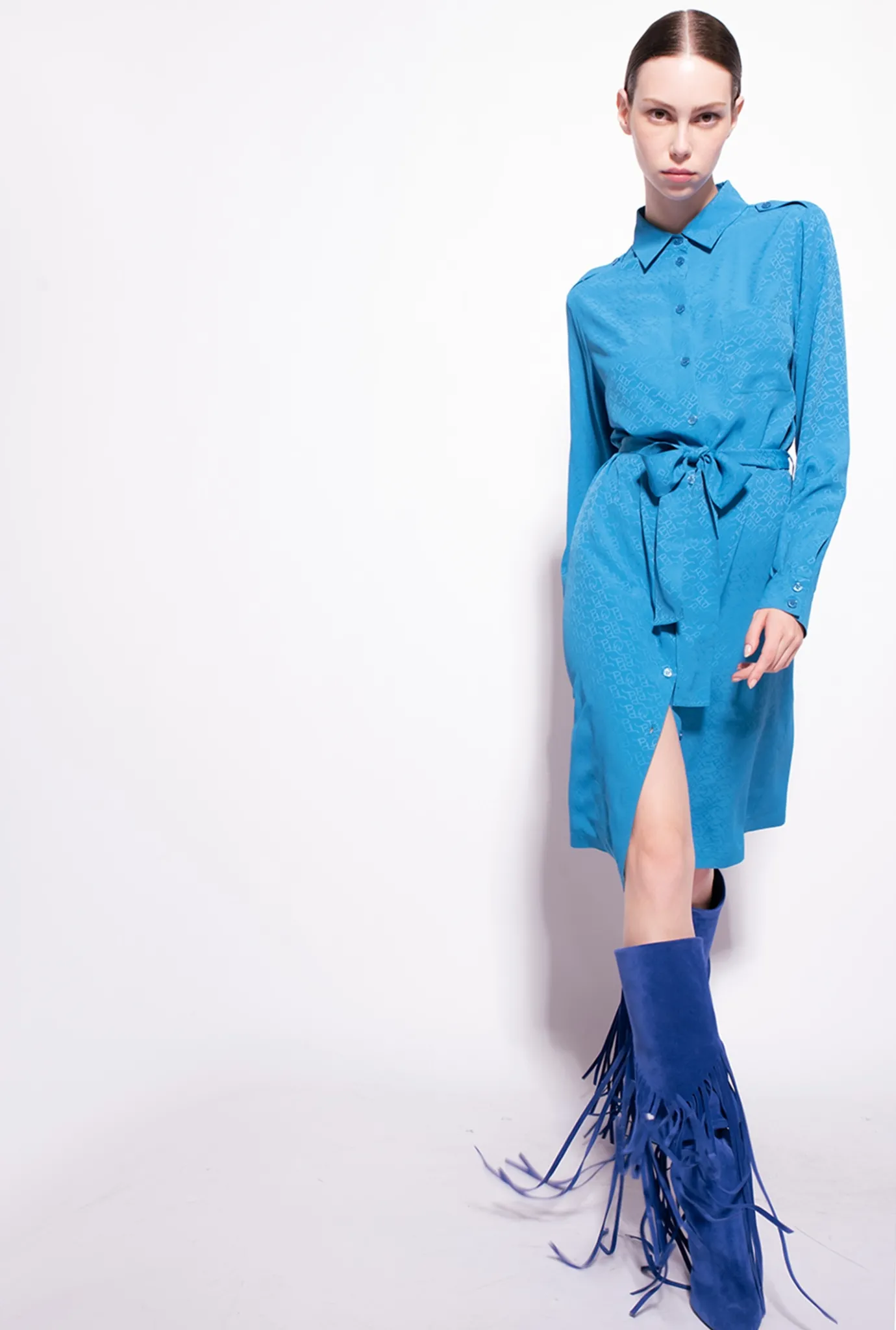 Robes|PINKO Robe Chemise En Jacquard A Logo Bleu Directoire