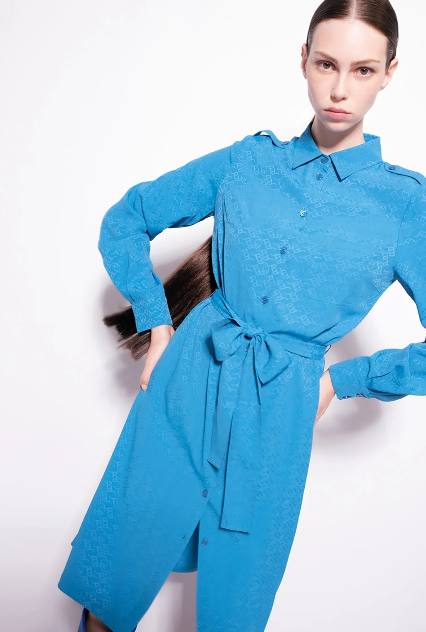Robes|PINKO Robe Chemise En Jacquard A Logo Bleu Directoire