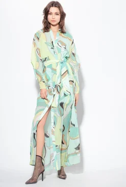 Robes|PINKO Robe Chemise En Voile A Imprime Fleuri Multicolore - Vert D'Eau/Beige