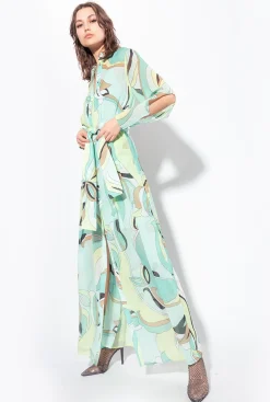 Robes|PINKO Robe Chemise En Voile A Imprime Fleuri Multicolore - Vert D'Eau/Beige