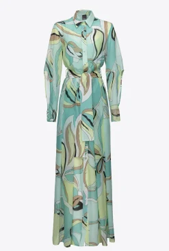 Robes|PINKO Robe Chemise En Voile A Imprime Fleuri Multicolore - Vert D'Eau/Beige