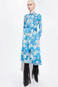Robes|PINKO Robe Chemise Fleur Graphique Turquoise/Beurre/Noir