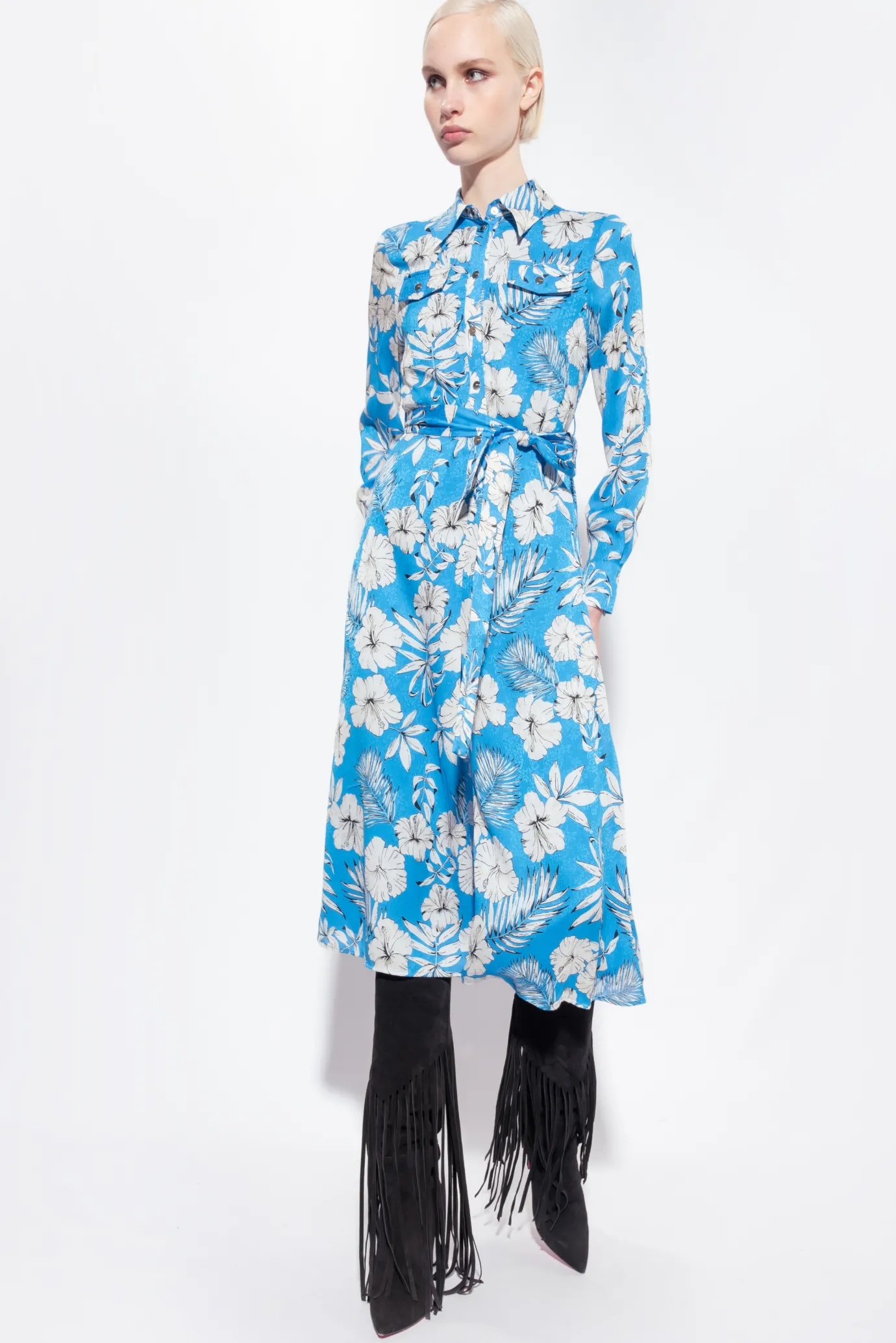 Robes|PINKO Robe Chemise Fleur Graphique Turquoise/Beurre/Noir