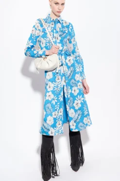Robes|PINKO Robe Chemise Fleur Graphique Turquoise/Beurre/Noir